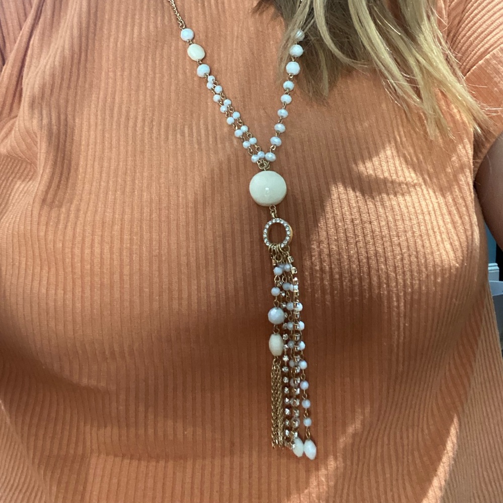 White and Gold Tone Long Tassel Necklace